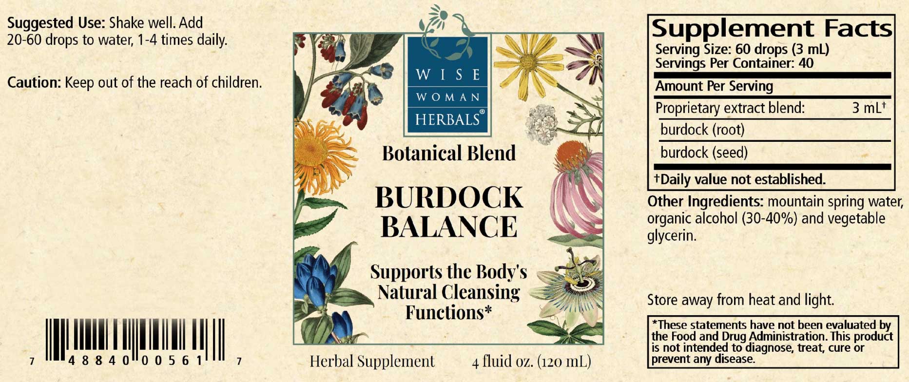 Wise Woman Herbals Burdock Balance (Arctium lap.) Label