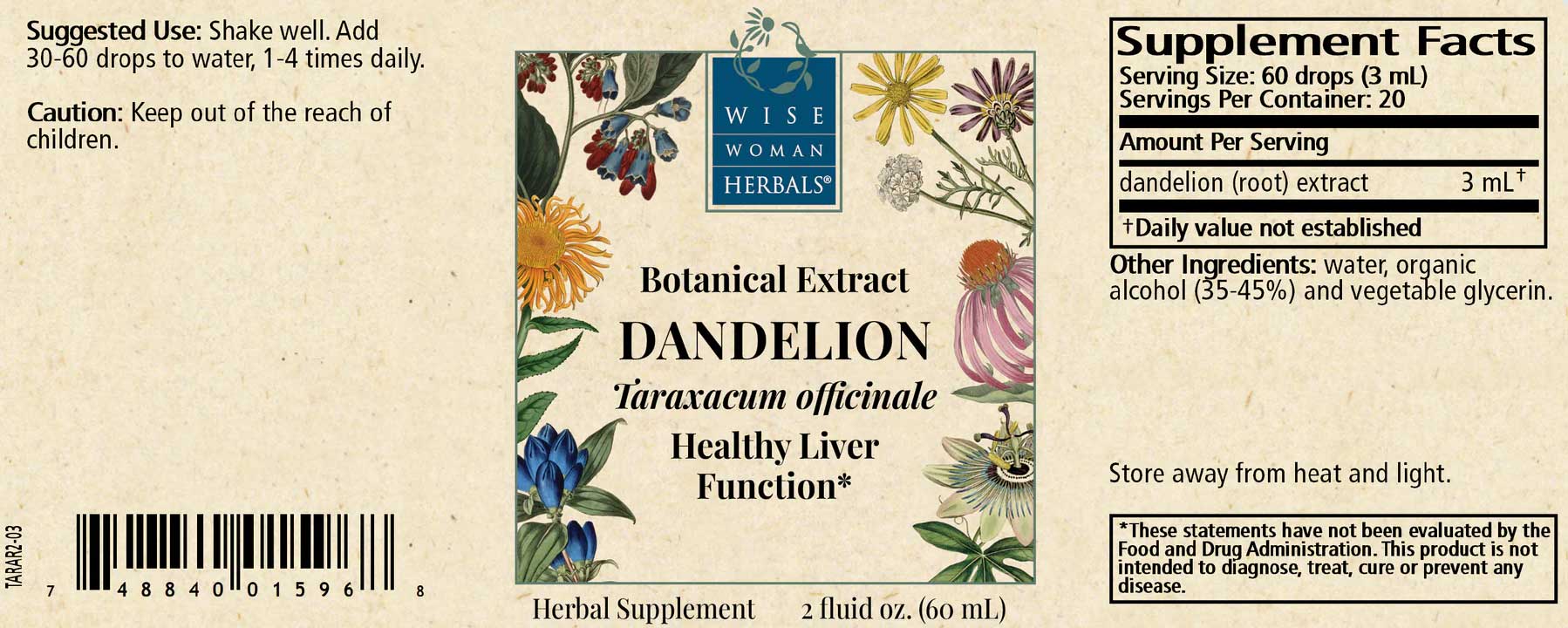 Wise Woman Herbals Dandelion (Root) Taraxacum Off. Label