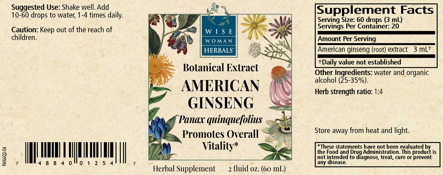 Wise Woman Herbals Panax Quinquefolius American Ginseng Label