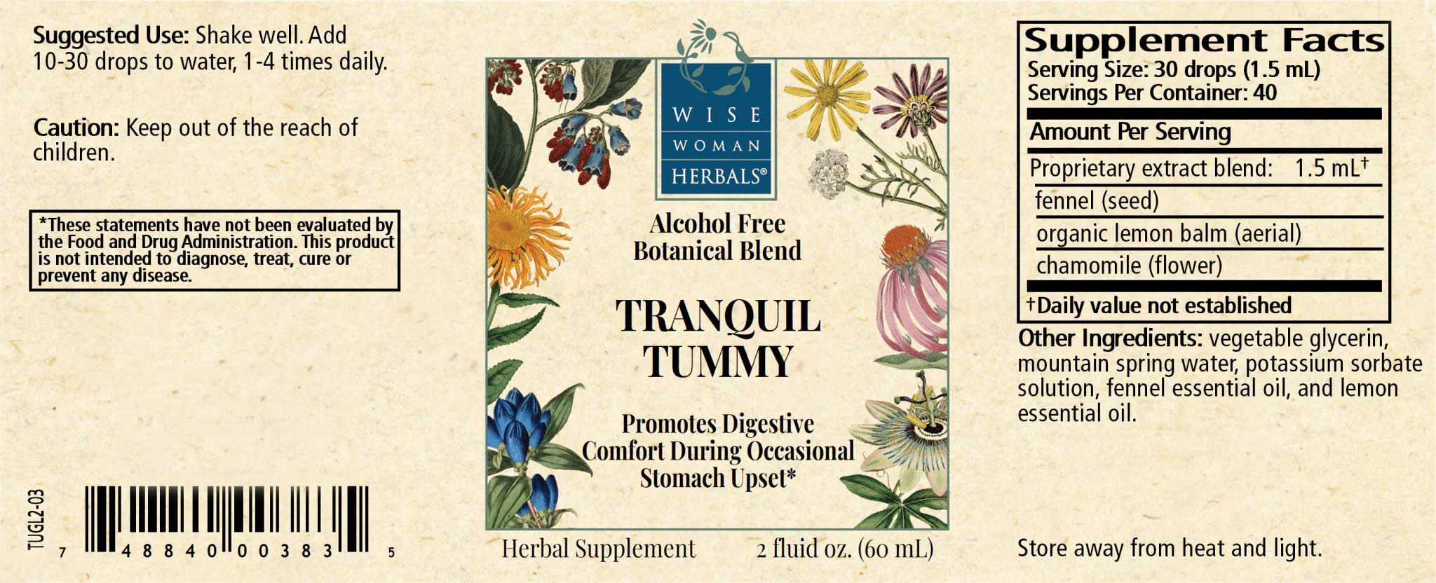 Wise Woman Herbals Tranquil Tummy (Formerly Tummy Glycerite) Label