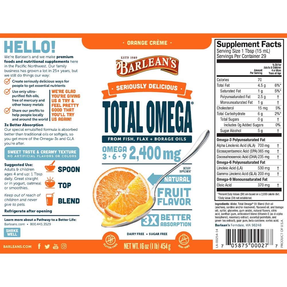Barlean's Organic Oils Seriously Delicious™ Total Omega® Orange Crème Label