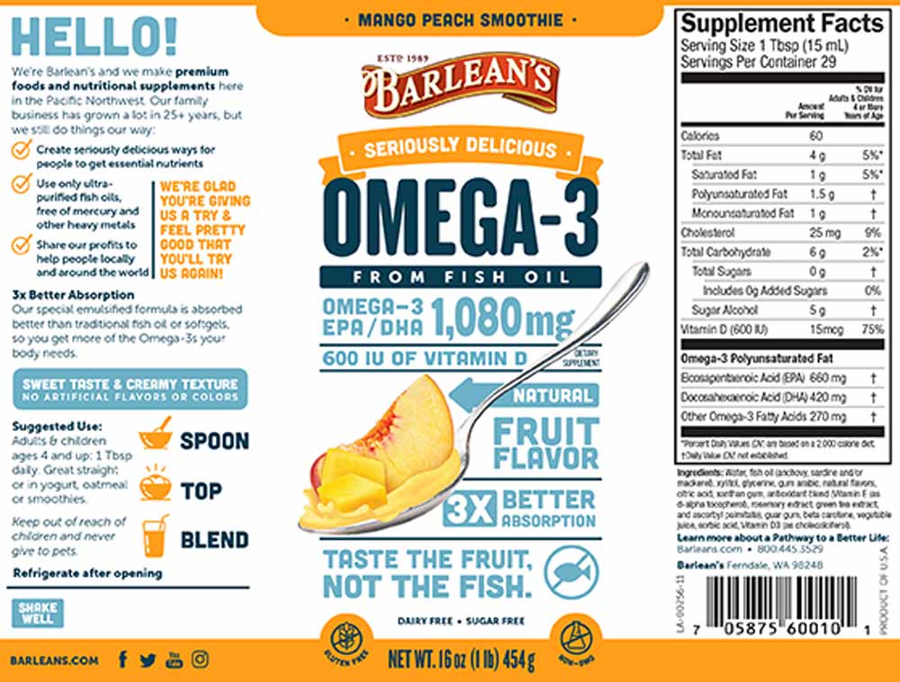 Barlean's Organic Oils Seriously Delicious™ Omega-3 Fish Oil Mango Peach Smoothie