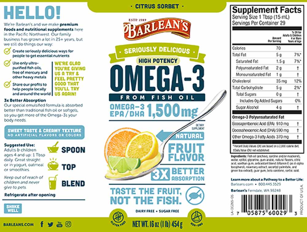 Barlean's Organic Oils Seriously Delicious™ Omega-3 High Potency Fish Oil Citrus Sorbet