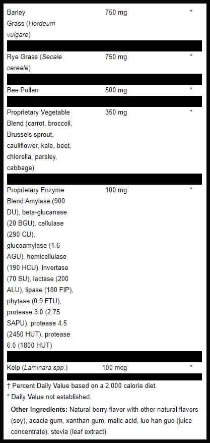 BioGenesis Ultra Greens pH Ingredients