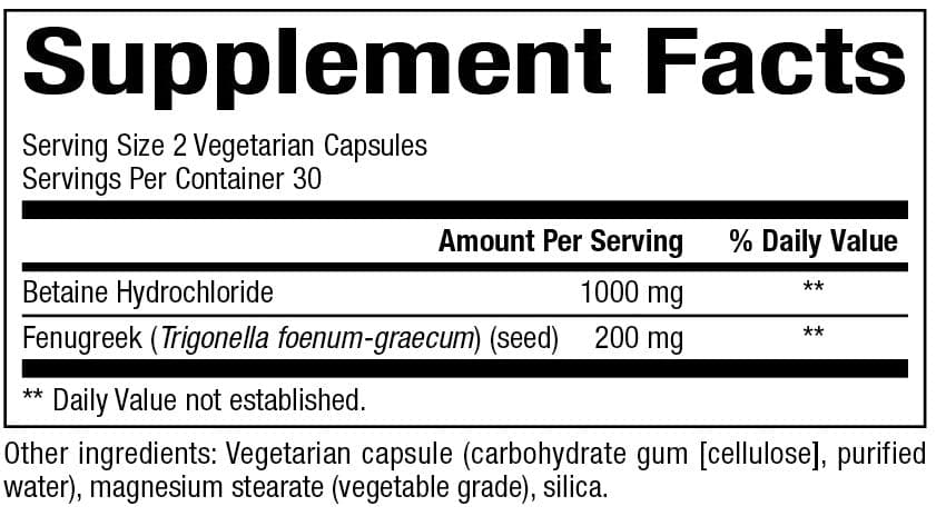 Bioclinic Naturals Betaine HCl w/100mg Fenugreek Ingredients