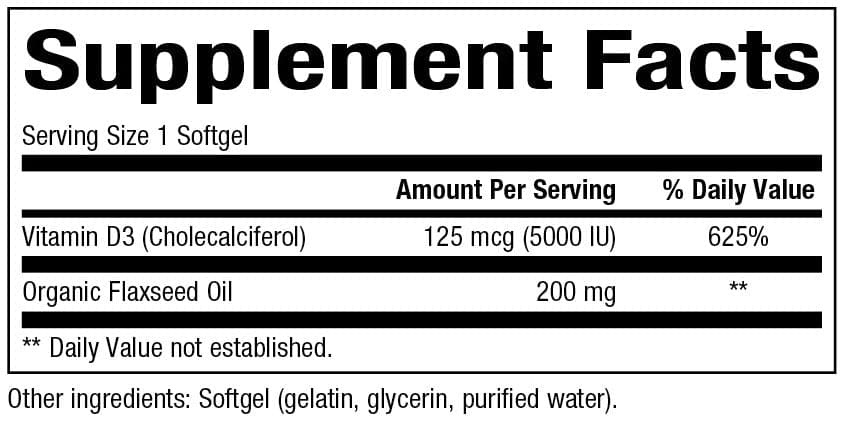 Bioclinic Naturals Vitamin D3 125 mcg (5000 IU) Ingredients