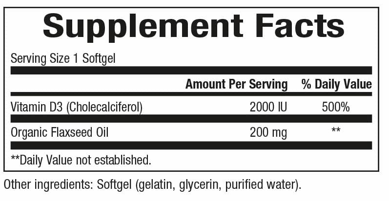 Bioclinic Naturals Vitamin D3 50 mcg (2000 IU) Ingredients 