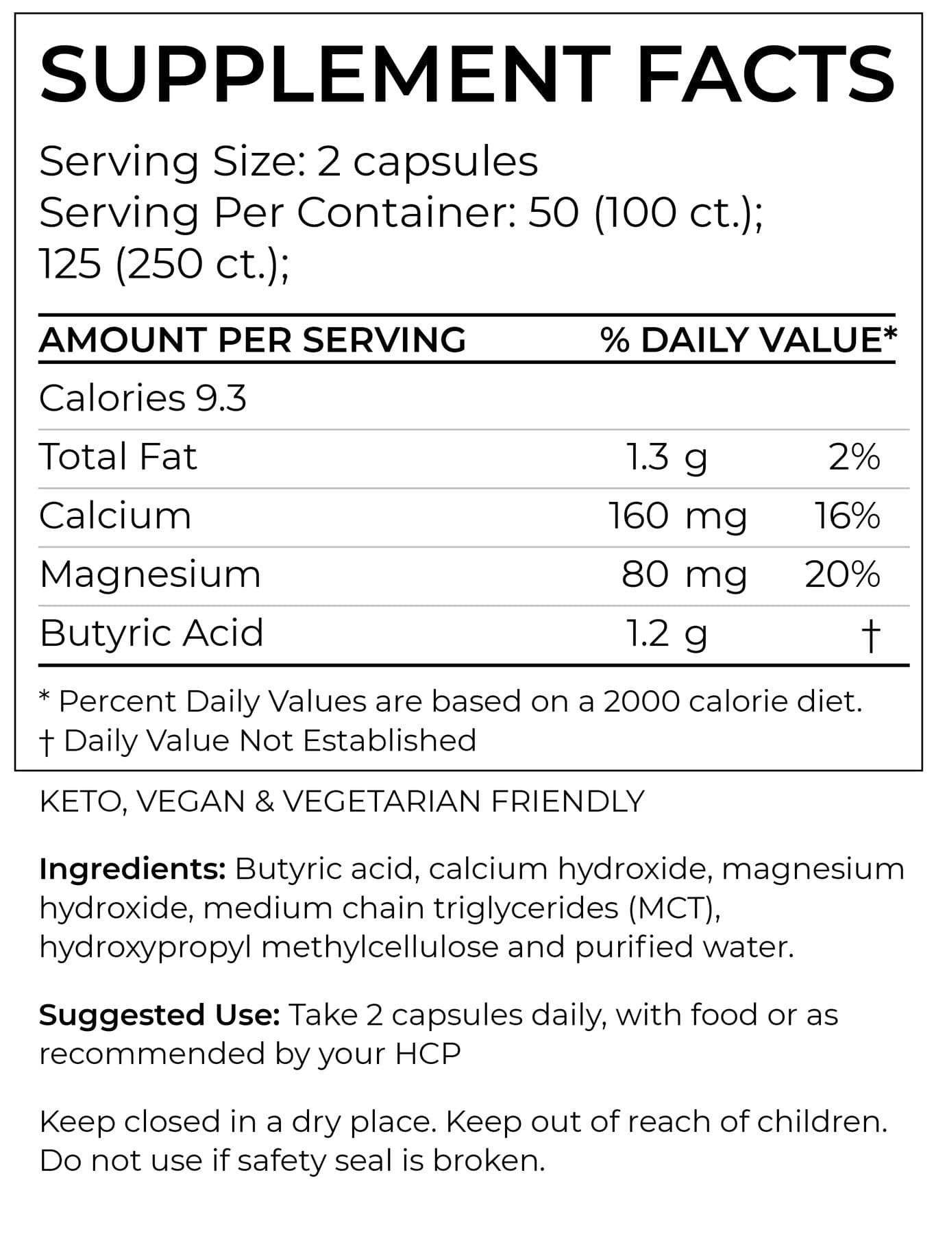 BodyBio Calcium/Magnesium Butyrate Ingredients