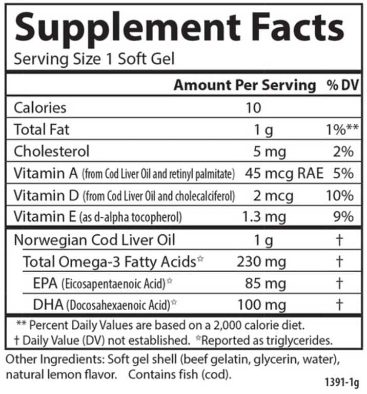 Carlson Labs Cod Liver Oil Low Vitamin A Ingredients 