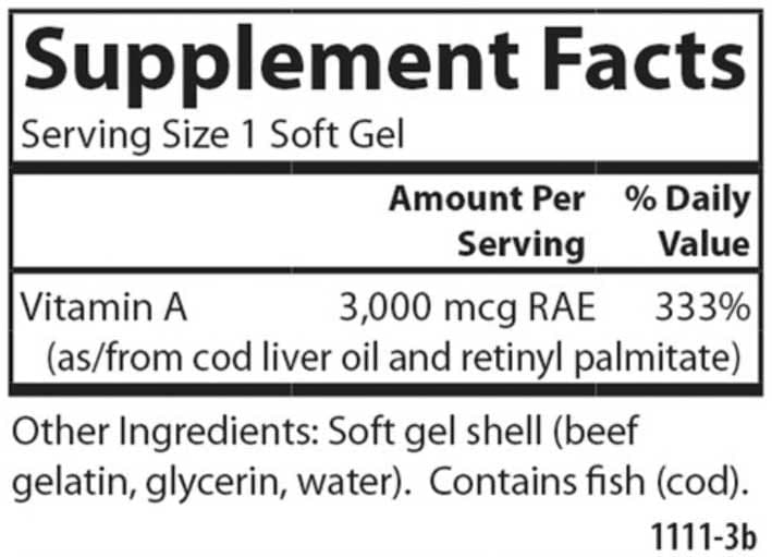 Carlson Labs Vitamin A 10,000 IU (3,000 mcg RAE) Ingredients 
