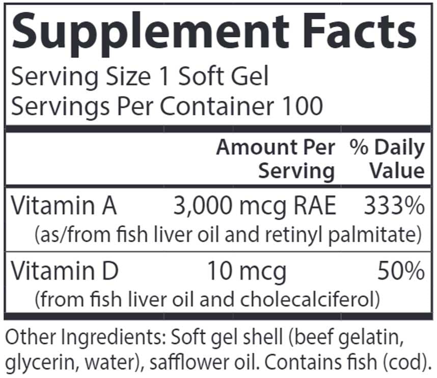 Carlson Labs Vitamin A & D 10,000 IU & 400 IU Ingredients