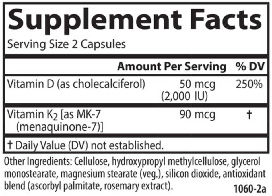 Carlson Labs Vitamin D3 + K2 (50 mcg & 90 mcg) Ingedients