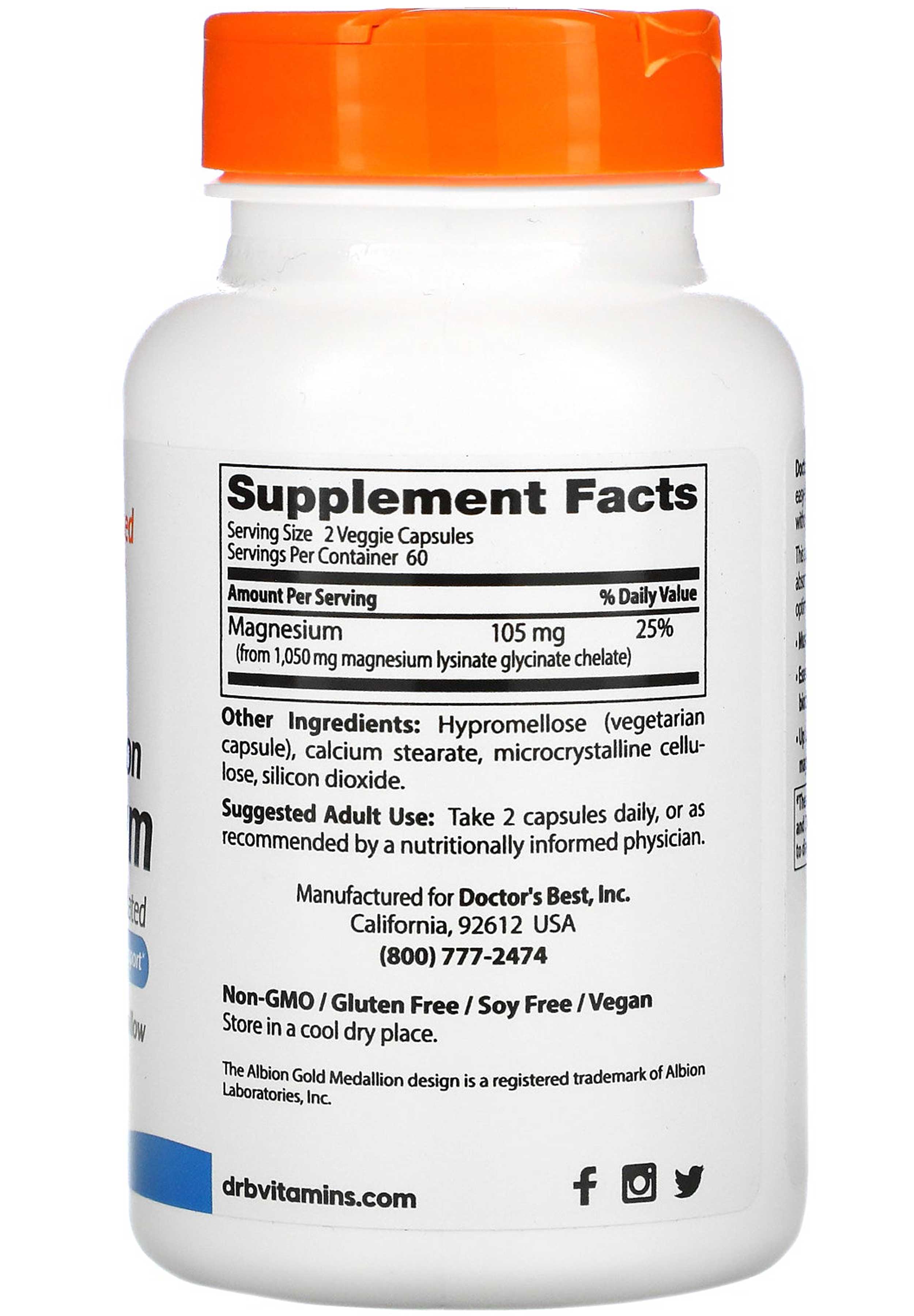 Doctor's Best High Absorption Magnesium Lysinate Glycinate 100% Chelated Ingredients