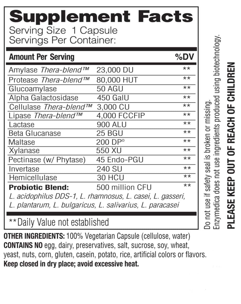 Enzymedica Digest Gold +Probiotics Ingredients