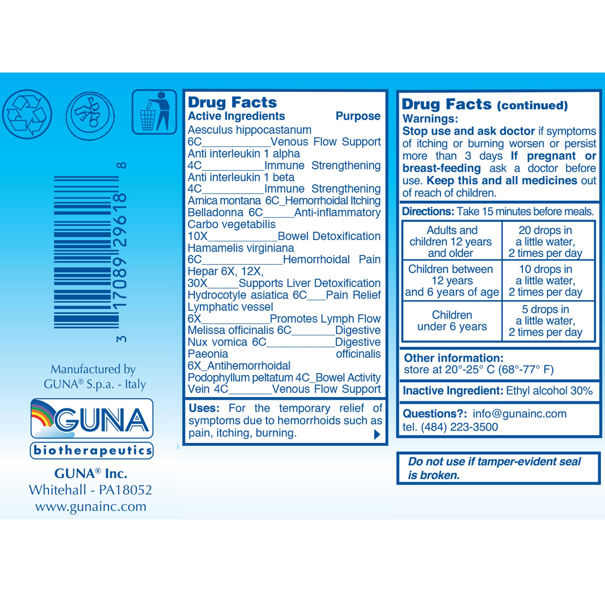 GUNA Biotherapeutics GUNA-Hemorrhoids Ingredients