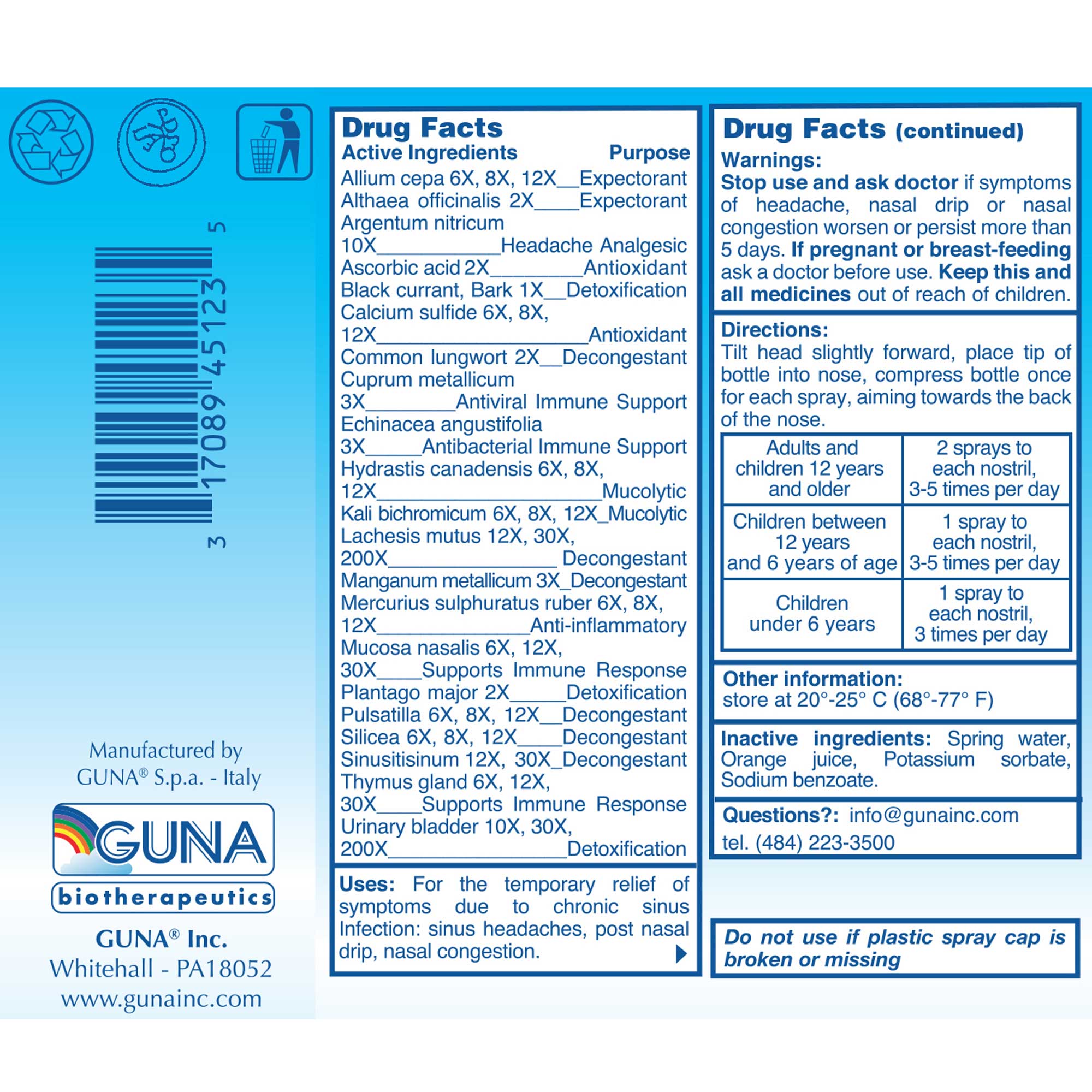 GUNA Biotherapeutics GUNA-Sinus Nose Spray Ingredients