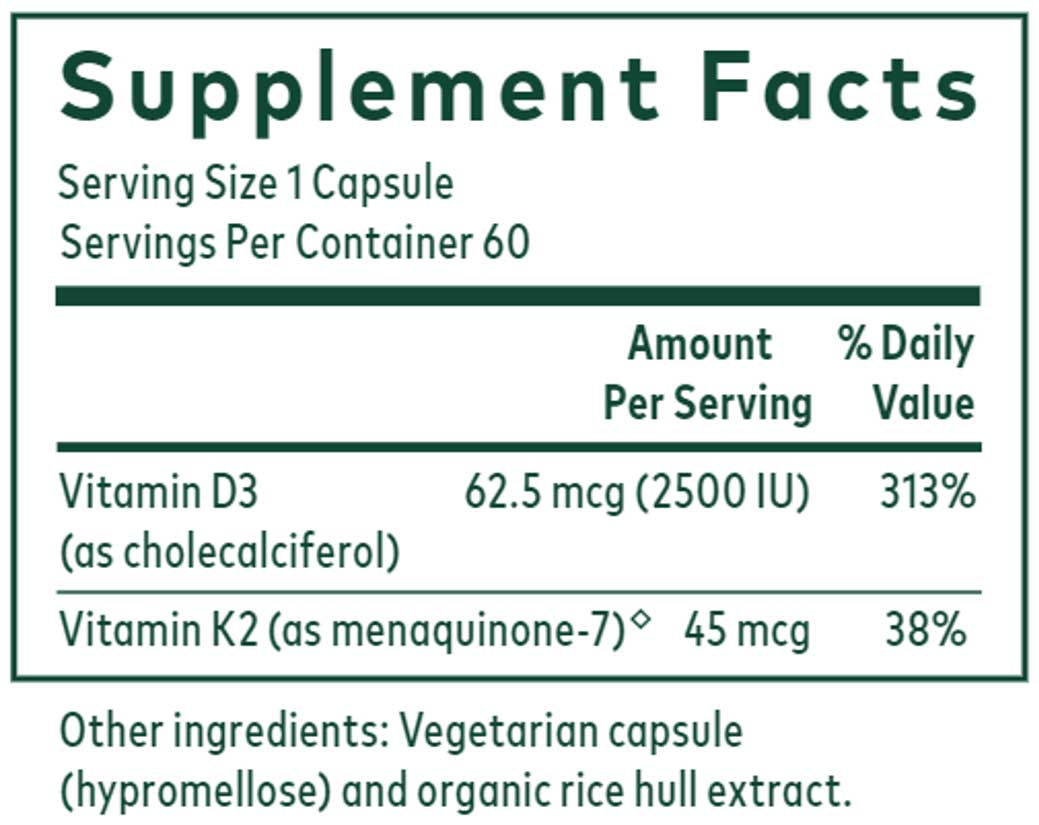 Gaia Herbs Professional Solutions Vitamin D3 + K2 Ingredients 
