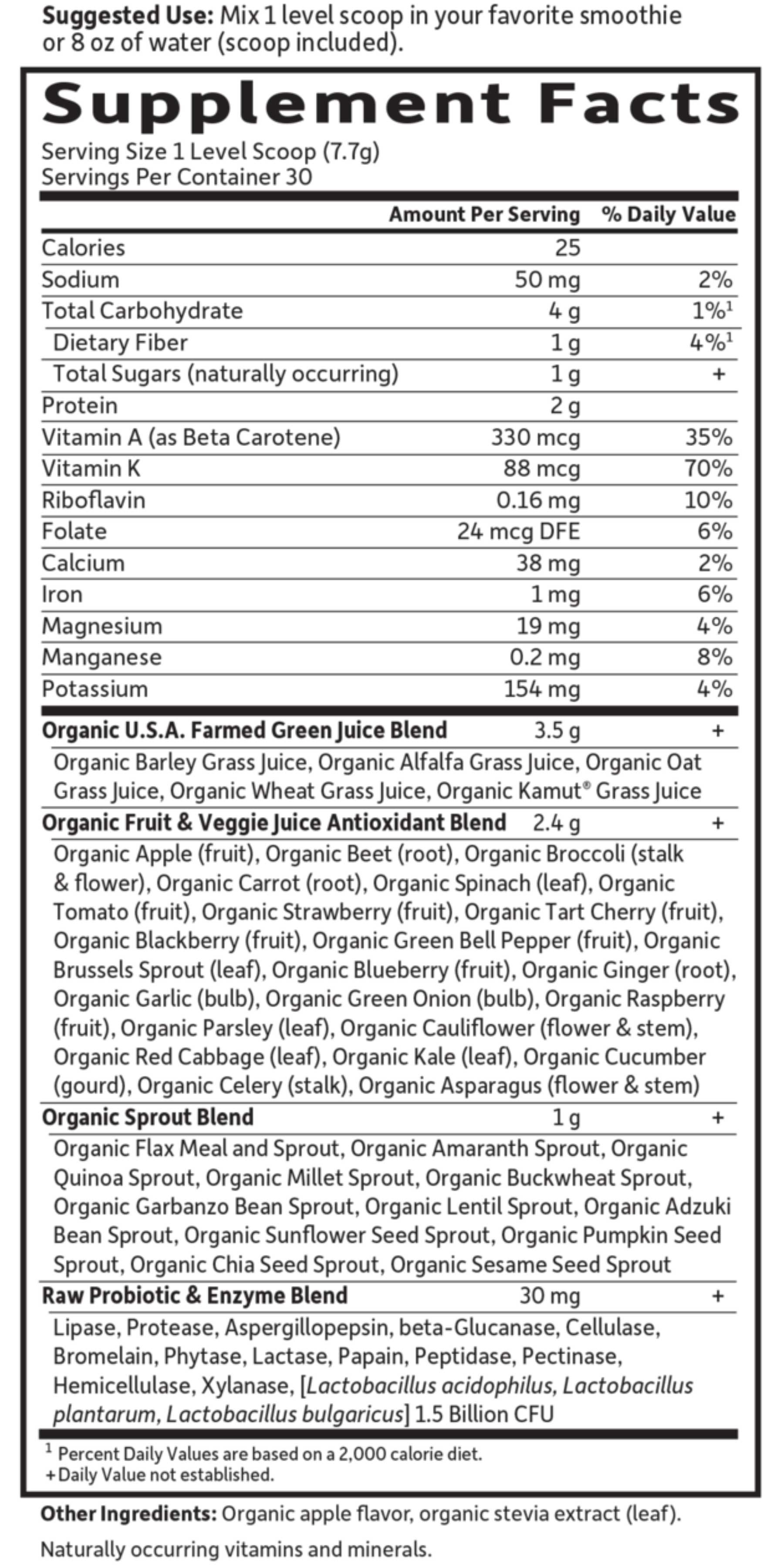 Garden of Life Raw Organic Perfect Food Green Superfood Apple Powder Ingredients