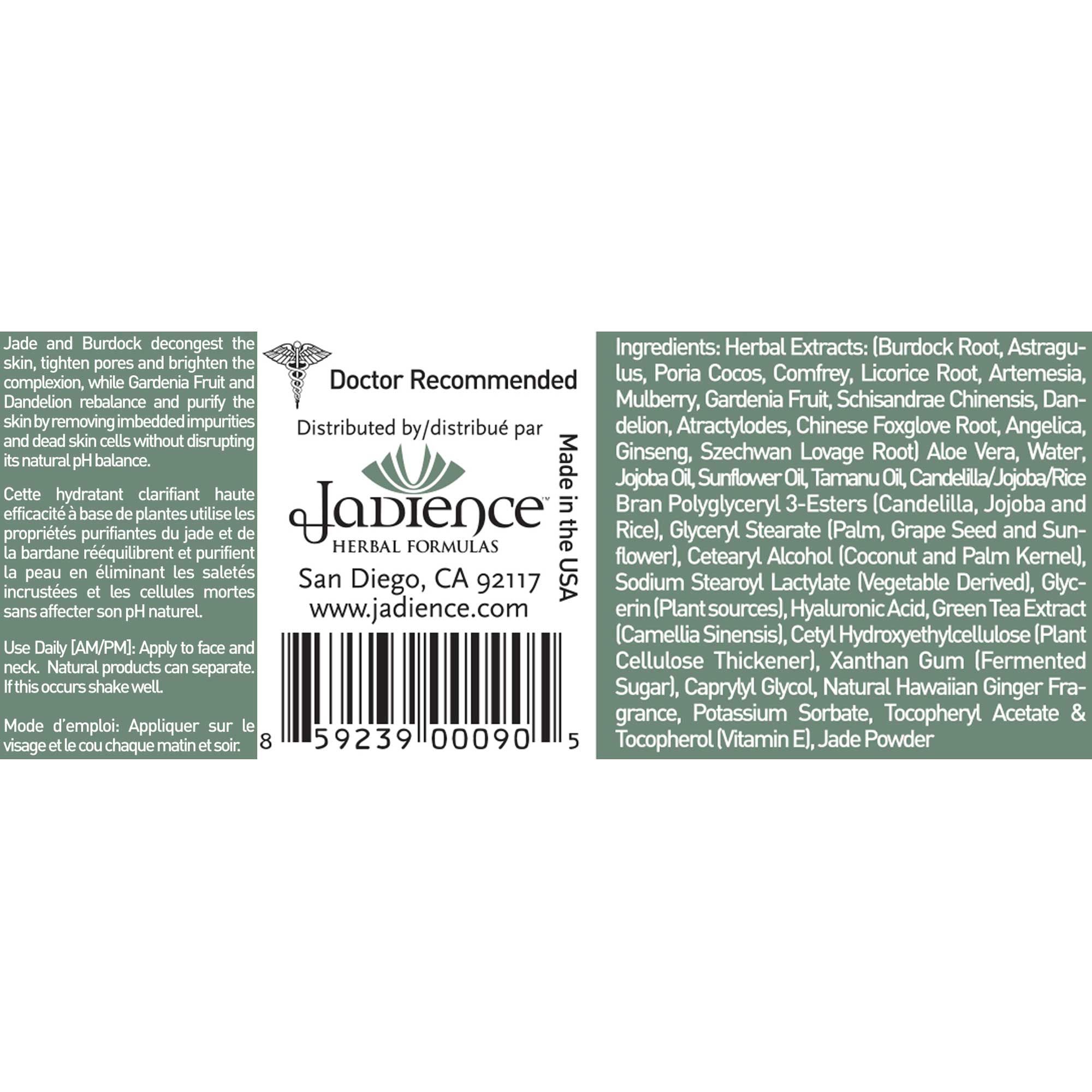 Jadience Herbal Formulas Jade and Burdock Purifying Moisturizer Ingredients