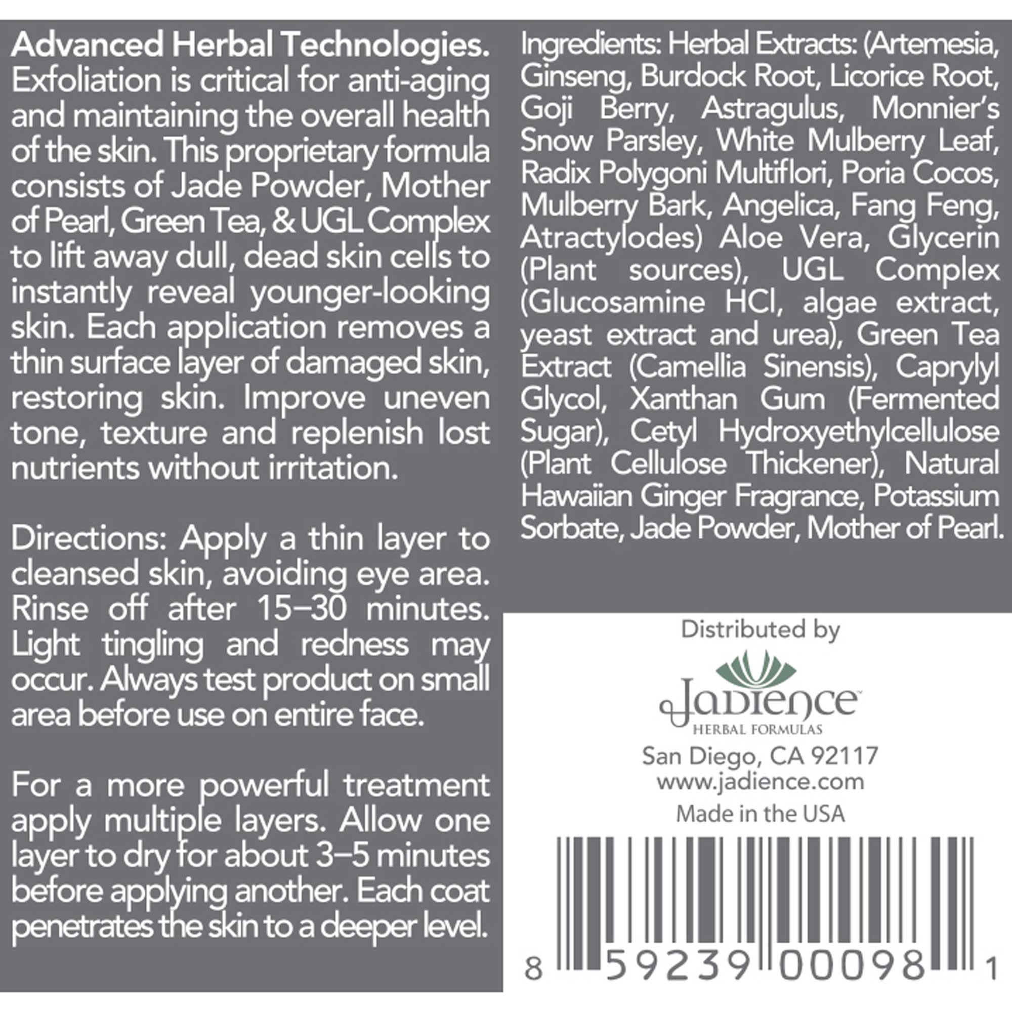 Jadience Herbal Formulas Jade and Pearl Resurfacing Peel with UGL Complex Ingredients
