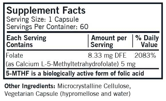 Kirkman 5-MTHF Methyltetrahydrofolate 5mg Ingredients