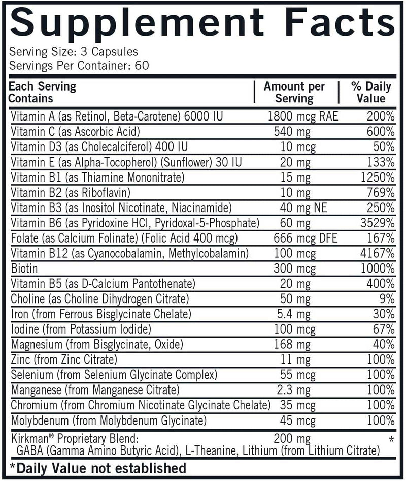 Kirkman Super Nu-Thera Multivitamin Teen & Adult Ingredients