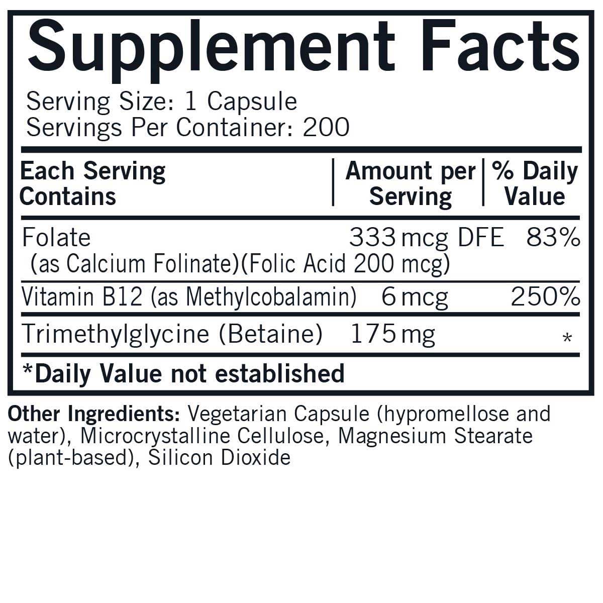 Kirkman TMG 175 mg with Folinic Acid & Methyl B12 Ingredients