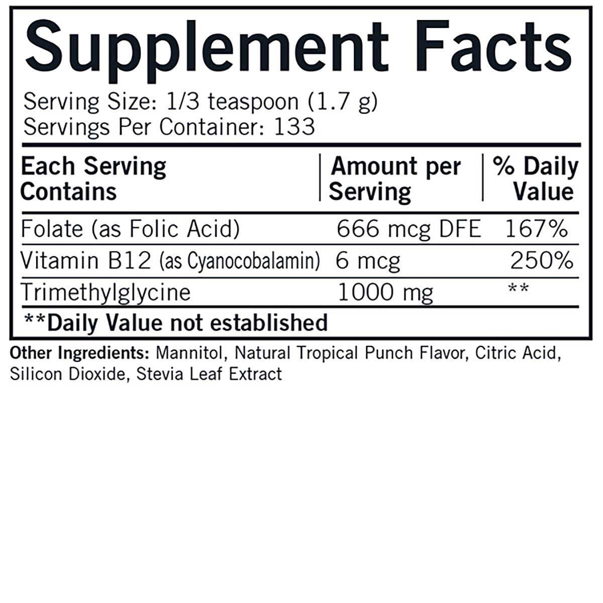 Kirkman TMG (Trimethylglycine) with Folic Acid & B12 Powder Ingredients