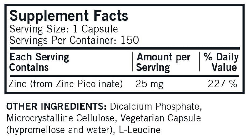 Kirkman Zinc Picolinate 25 mg Ingredients