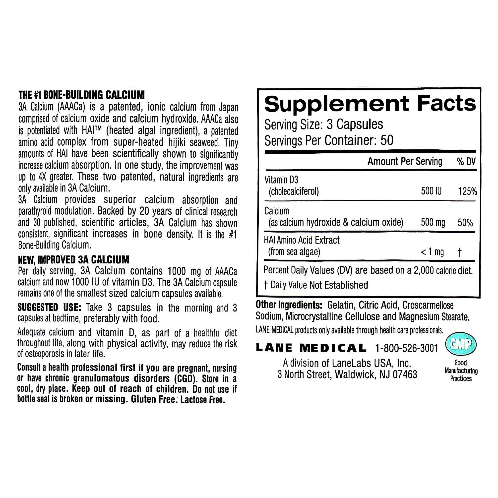 Lane Medical 3A Calcium 1000 IU Of Vitamin D3 Ingredients