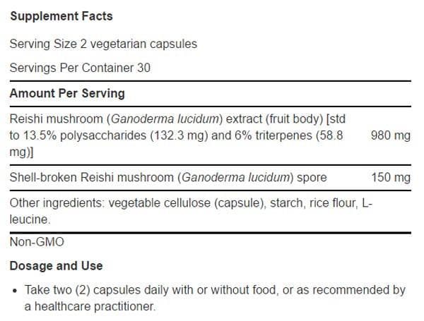 Life Extension Reishi Extract Mushroom Complex Ingredients