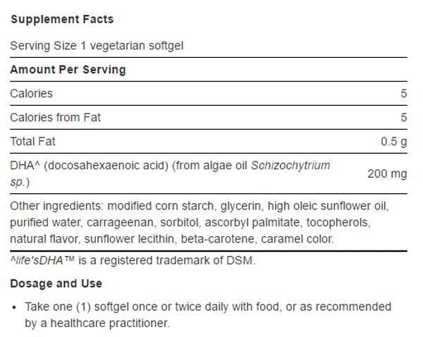 Life Extension Vegetarian Sourced DHA Ingredients