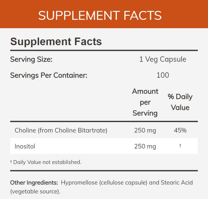 NOW Choline & Inositol 500 mg Ingredients