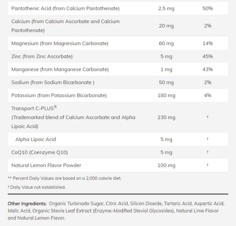 NOW Effer-C Lemon Lime Ingredients