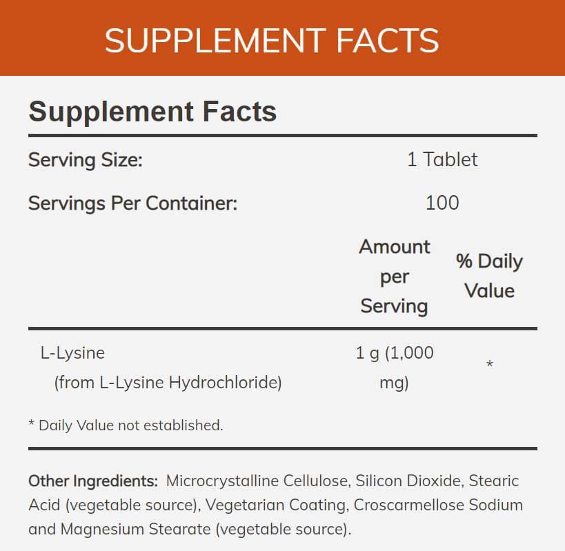 NOW Double Strength L-Lysine 1000 mg Ingredients