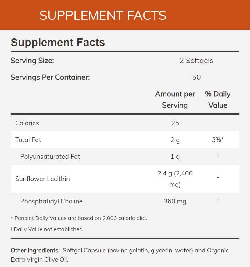 NOW Sunflower Lecithin 1200 mg Ingredients