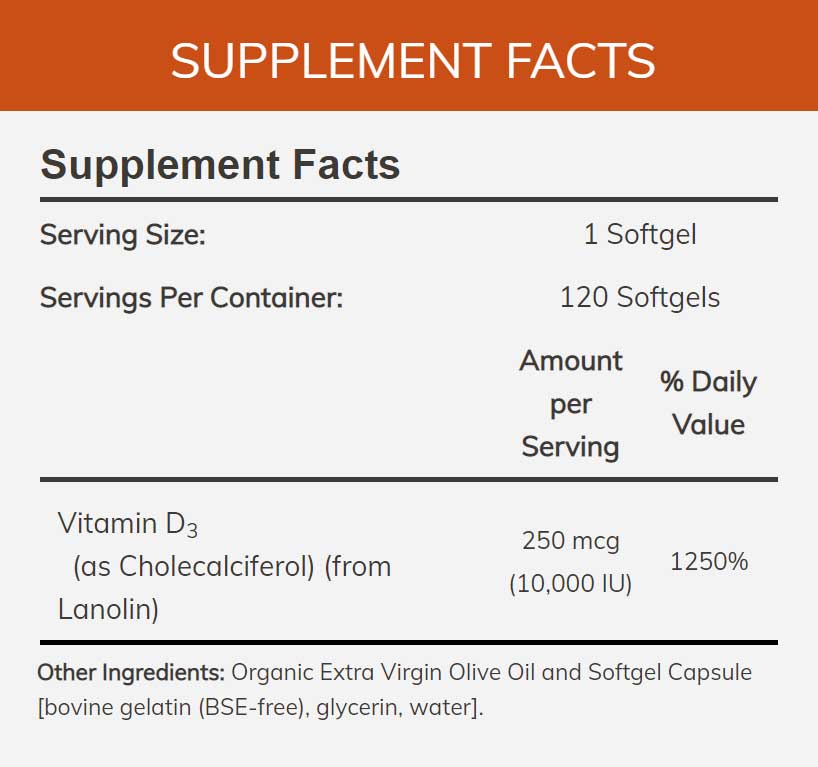 NOW Vitamin D-3 10,000 IU High Potency Ingredients