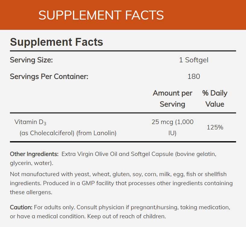 NOW Vitamin D-3 1,000 IU High Potency Ingredients