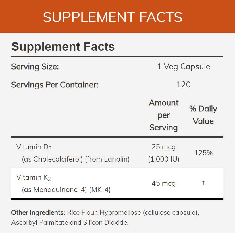 NOW Vitamin D-3 & K-2 45 mcg Ingredients