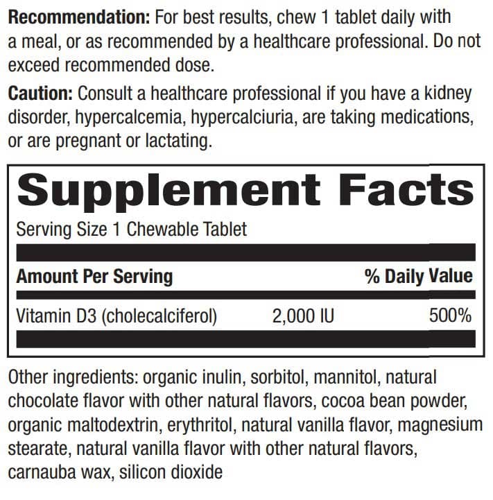 Nature's Way Vitamin D3 Extra Strength, Chocolate, Sugar-Free Chewable Tablets Ingredients
