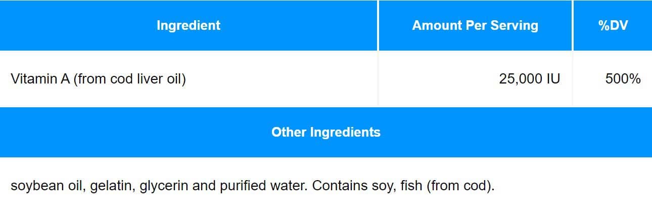 Progressive Laboratories Vitamin A Fish Liver Oil Ingredients
