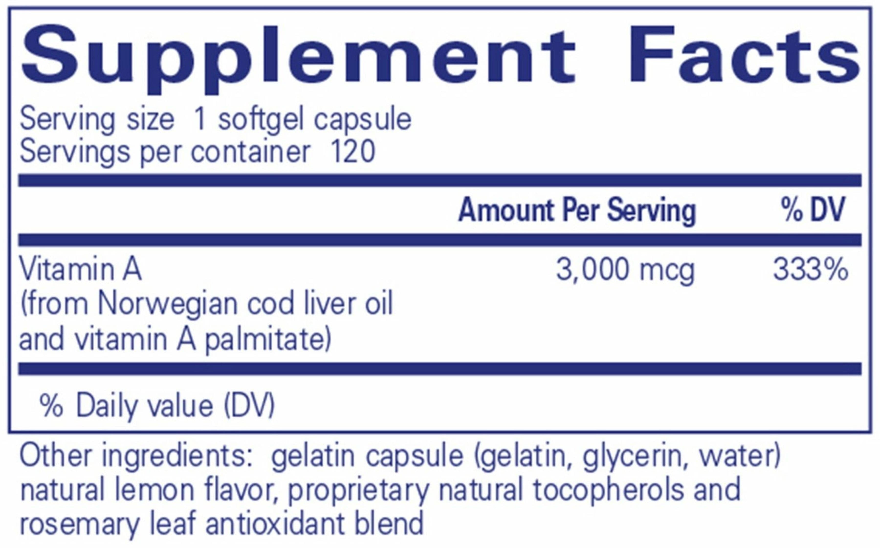Pure Encapsulations Vitamin A 3,000 mcg (10,000 IU) Ingredients 