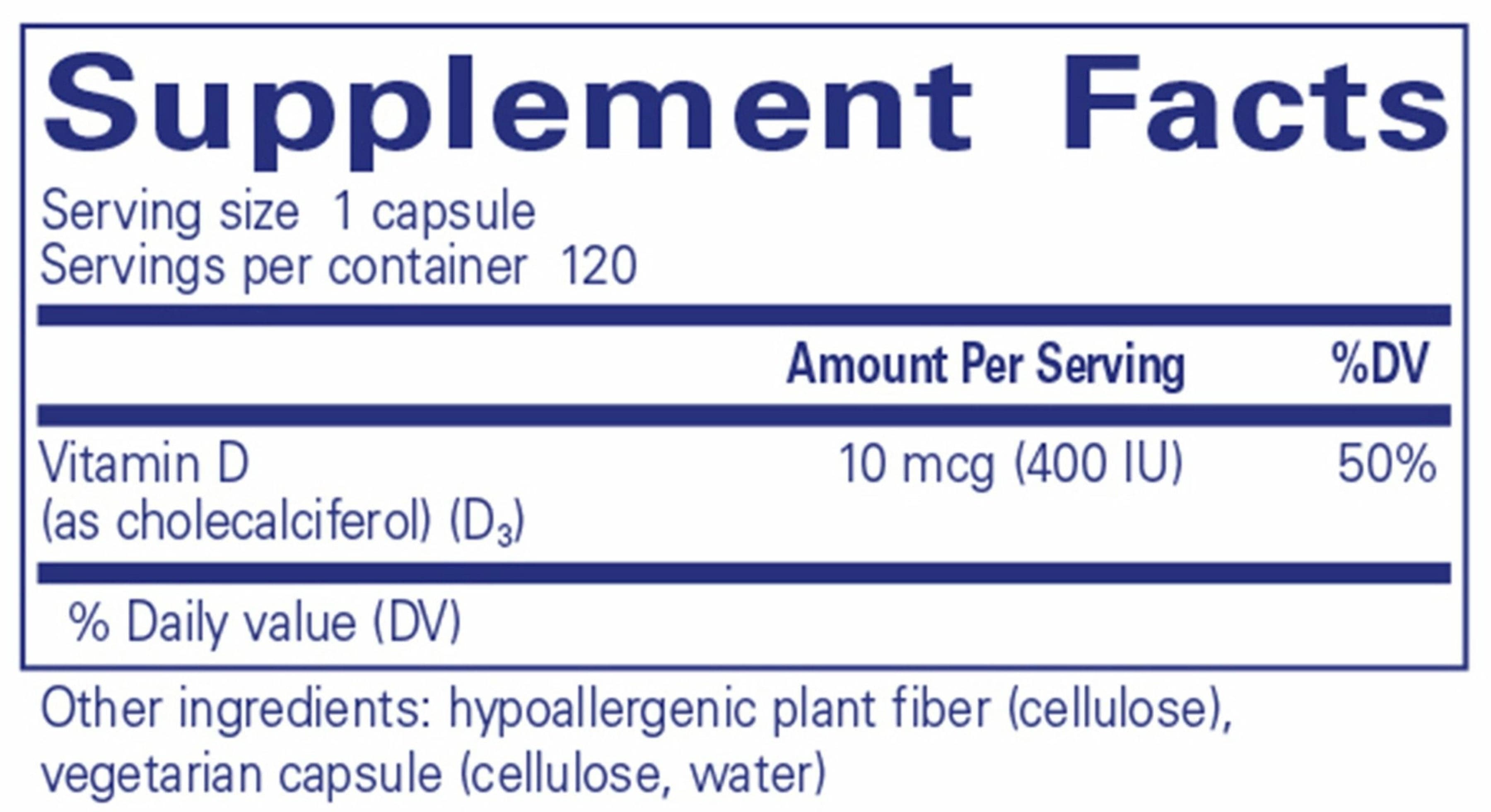 Pure Encapsulations Vitamin D3 10 mcg (400 IU) Ingredients 
