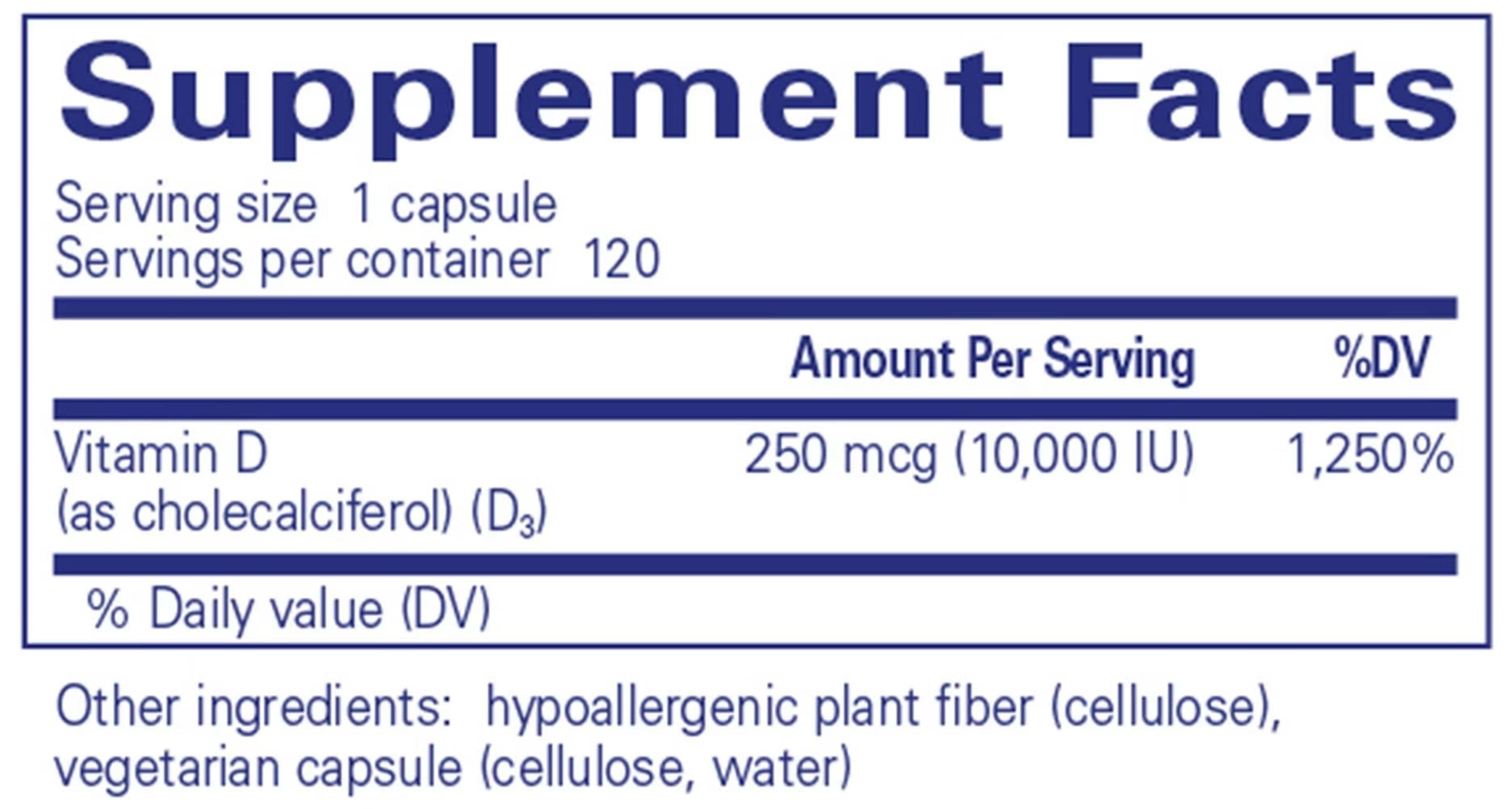 Pure Encapsulations Vitamin D3 250 mcg (10,000 IU) Ingredients 