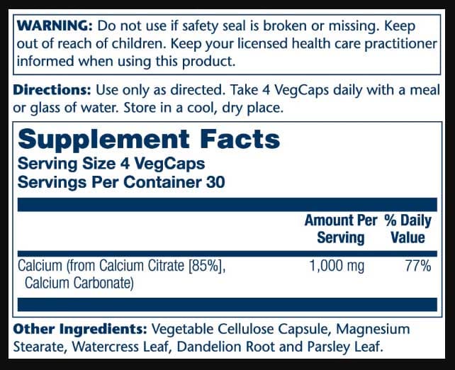 Solaray Calcium Citrate 1000 mg Ingredients 
