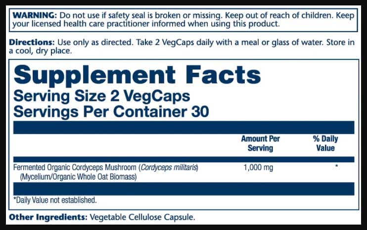 Solaray Fermented Cordyceps Organic Ingredients