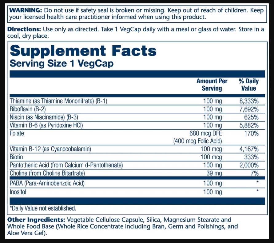Solaray Vitamin B-Complex 100 Ingredients