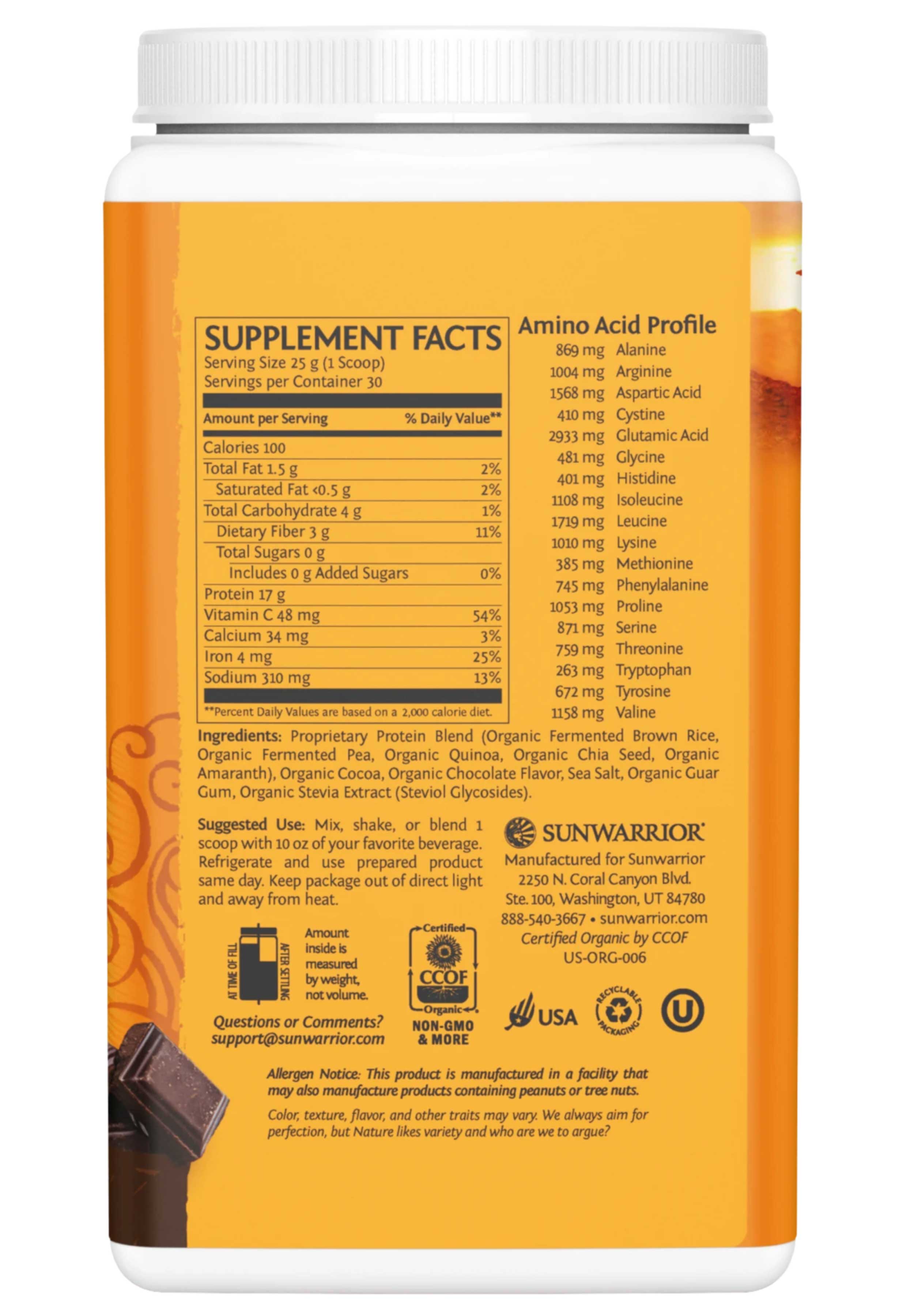 Sunwarrior Classic Plus 750g (30 servings) Ingredients