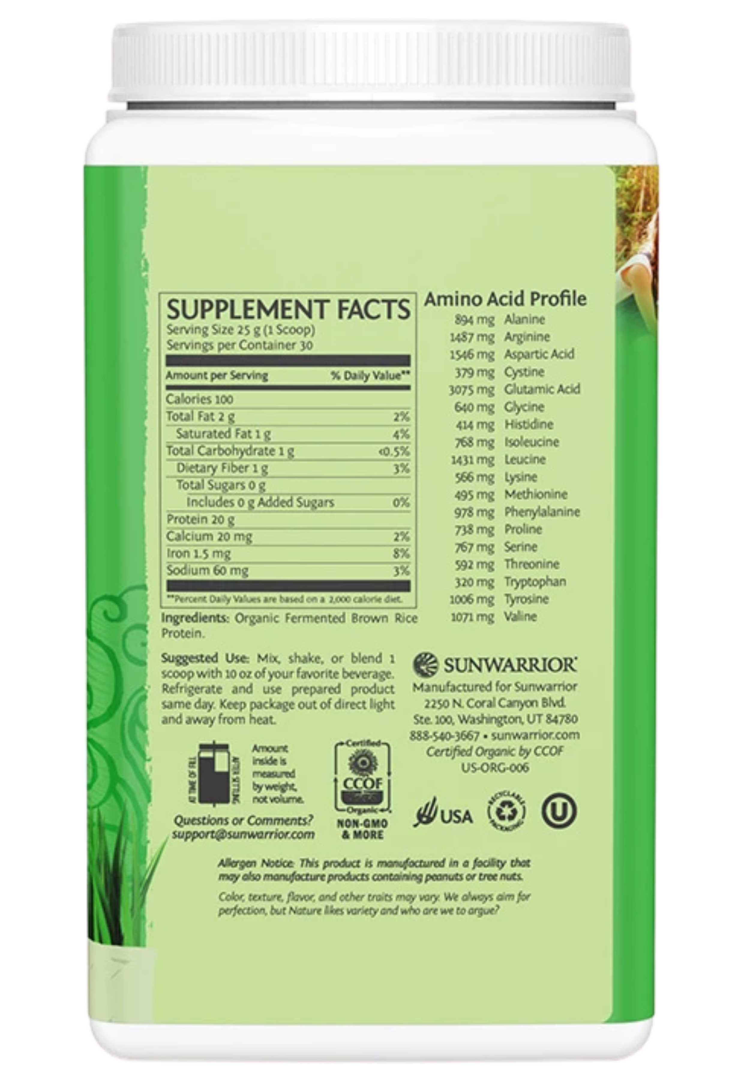 Sunwarrior Classic Protein 750g (30 servings) Ingredients