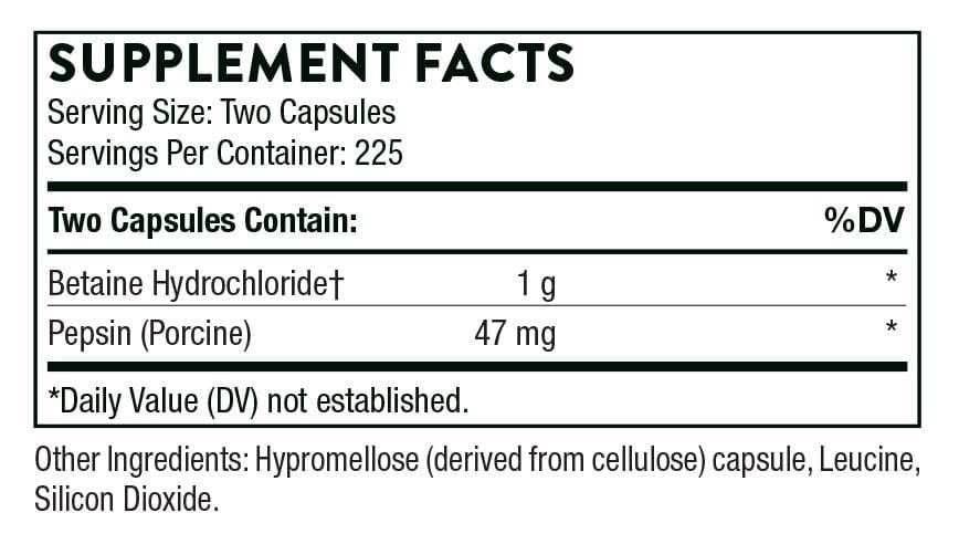 Thorne Research Betaine HCl & Pepsin Ingredients